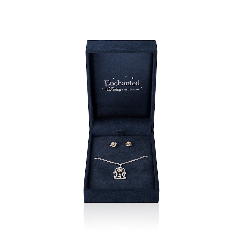Main Image 1 of Enchanted Disney Belle 0.115 CT. T.W. Diamond Rose Dome Pendant and Stud Earrings Set in Sterling Silver and 10K Gold