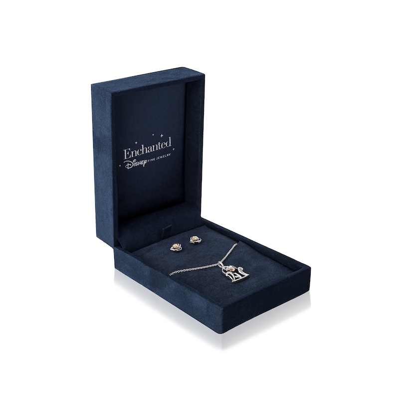 Main Image 2 of Enchanted Disney Belle 0.115 CT. T.W. Diamond Rose Dome Pendant and Stud Earrings Set in Sterling Silver and 10K Gold