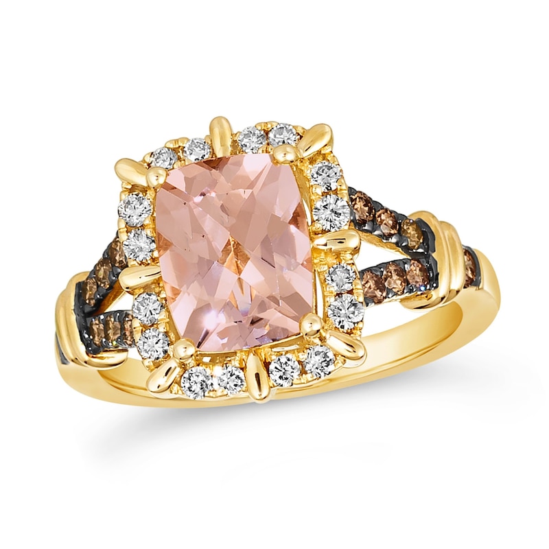 Main Image 1 of Le Vian® Cushion-Shaped Peach Morganite™ and 0.51 CT. T.W. Diamond Frame Split Shank Ring in 14K Honey Gold™