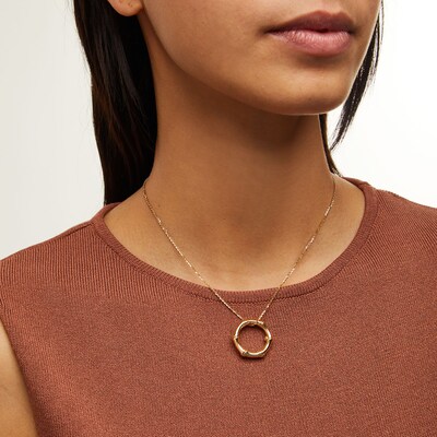 Bamboo Hexagon Pendant in Sculpted Hollow 14K Gold - 17”