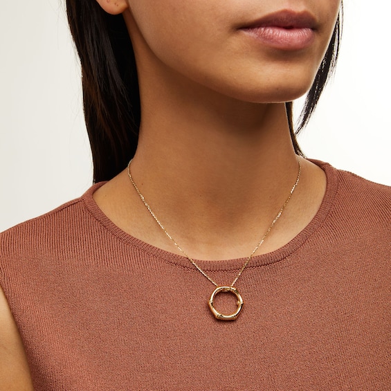 Bamboo Hexagon Pendant in Sculpted Hollow 14K Gold - 17”