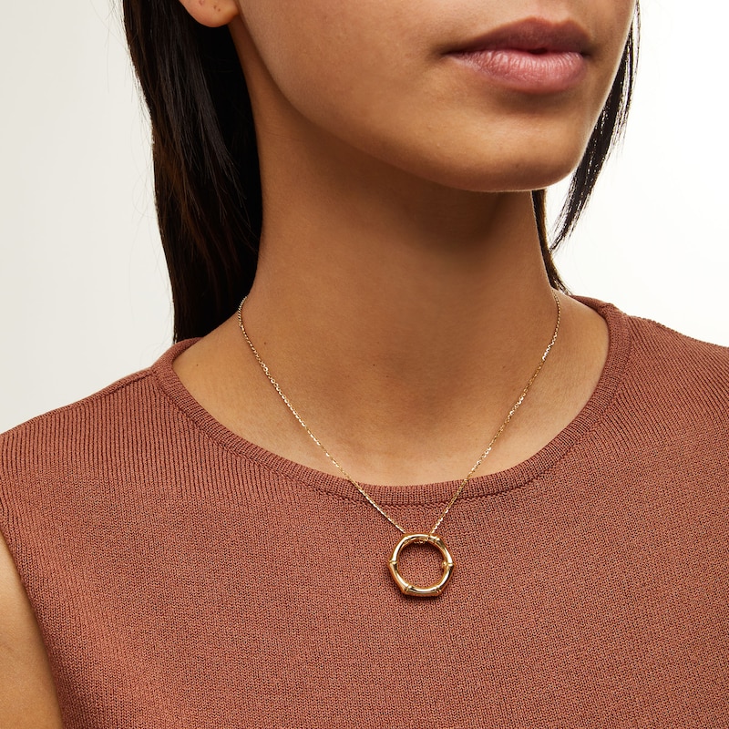 Bamboo Hexagon Pendant in Sculpted Hollow 14K Gold - 17”