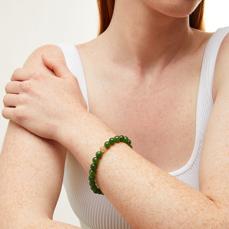 Main Image 2 of 8.0mm Jade Bead Strand Bracelet with 14K Gold Centre Bead - 7.5"