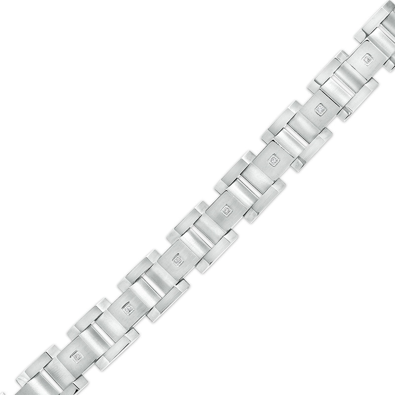 Previously Owned - 0.086 CT. T.W. Diamond Multi-Finish Curved Slope Triple Row Link Chain Bracelet in Stainless Steel