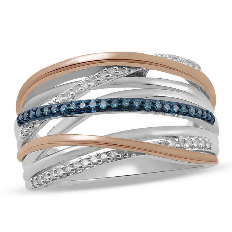 Previously Owned - 0.20 CT. T.W. Enhanced Blue and White Diamond Layered Rows Ring in Sterling Silver and 10K Rose Gold