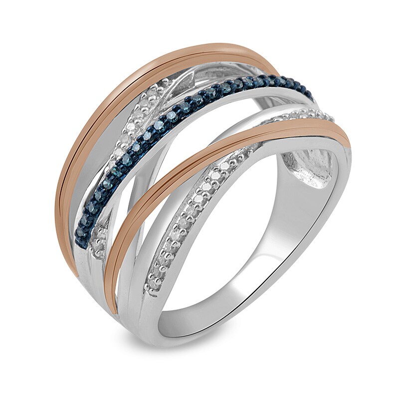 Previously Owned - 0.20 CT. T.W. Enhanced Blue and White Diamond Layered Rows Ring in Sterling Silver and 10K Rose Gold