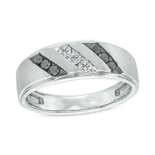 Previously Owned - Men's 0.40 CT. T.W. Black and White Diamond Slanted Triple Row Band in Sterling Silver