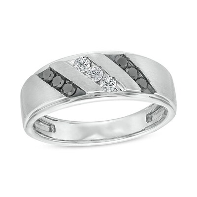 Previously Owned - Men's 0.40 CT. T.W. Black and White Diamond Slanted Triple Row Band in Sterling Silver
