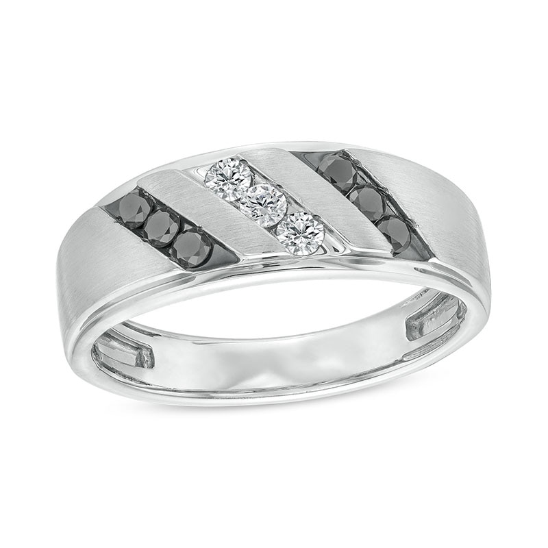 Previously Owned - Men's 0.40 CT. T.W. Black and White Diamond Slanted Triple Row Band in Sterling Silver