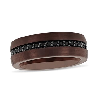 Previously Owned - Men's Black Sapphire Inlay Brushed Wedding Band in Tungsten with Brown Ion-Plate (1 Line)