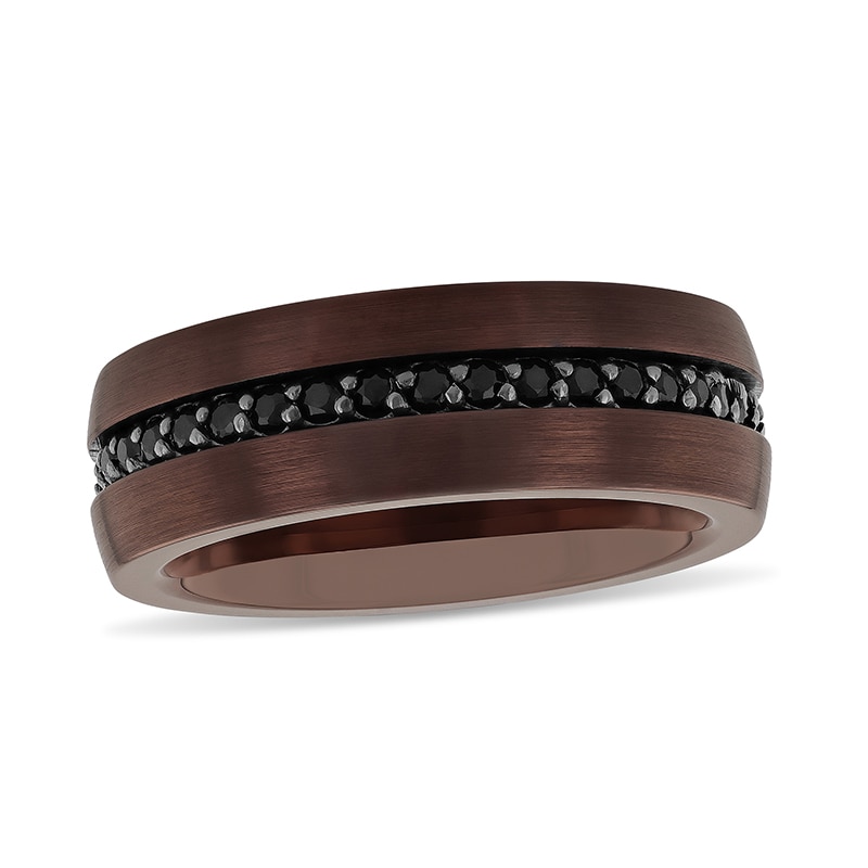 Previously Owned - Men's Black Sapphire Inlay Brushed Wedding Band in Tungsten with Brown Ion-Plate (1 Line)