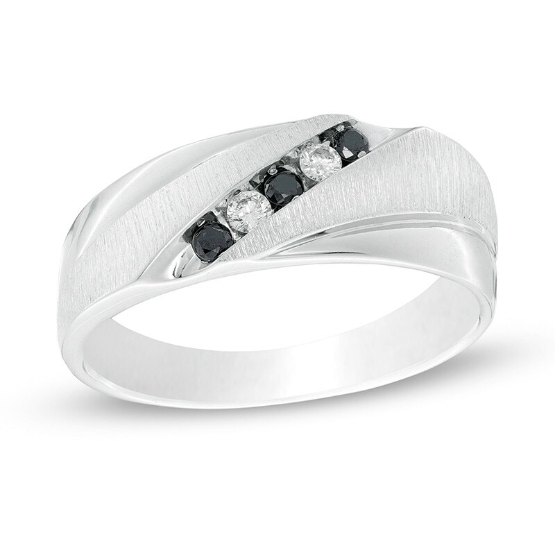 Previously Owned 0.18 CT. T.W. Black and White Diamond Slant Five Stone Anniversary Band in Sterling Silver