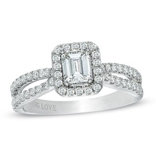 Previously Owned - Vera Wang Love Collection 0.95 CT. T.W. Emerald-Cut Diamond Split Shank Ring in 14K White Gold