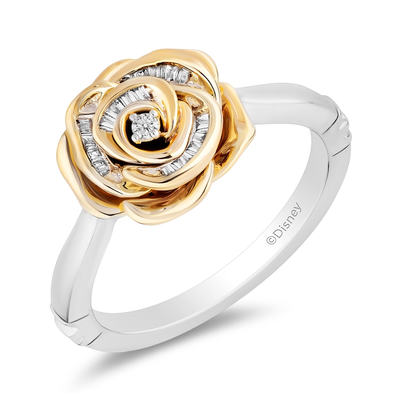 Enchanted Disney Belle 0.085 CT. T.W. Baguette and Round Diamond Rose Ring Sterling Silver 10K Gold