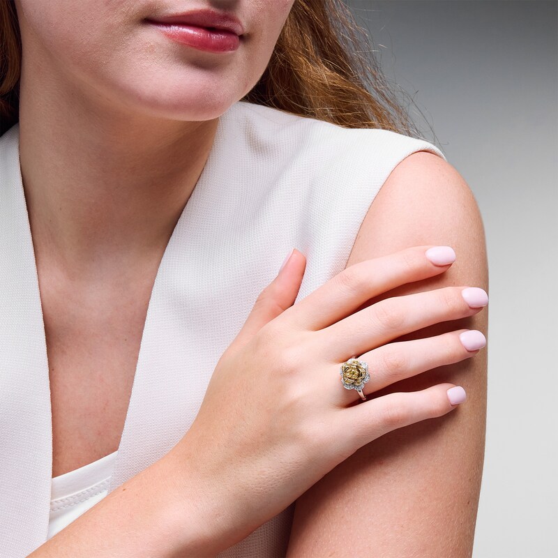 Enchanted Disney Belle 0.085 CT. T.W. Baguette and Round Diamond Rose Ring Sterling Silver 10K Gold