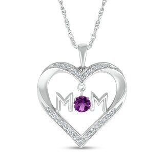 4.0mm Amethyst and White Lab-Created Sapphire "MOM" Heart Pendant in Sterling Silver