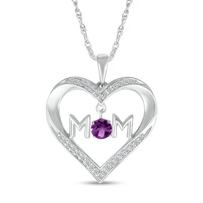 4.0mm Amethyst and White Lab-Created Sapphire "MOM" Heart Pendant in Sterling Silver