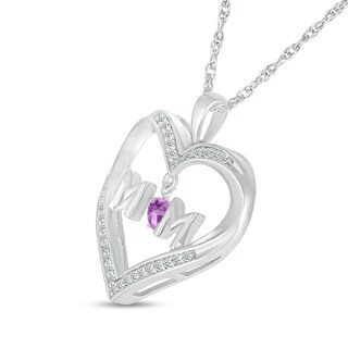 4.0mm Amethyst and White Lab-Created Sapphire "MOM" Heart Pendant in Sterling Silver