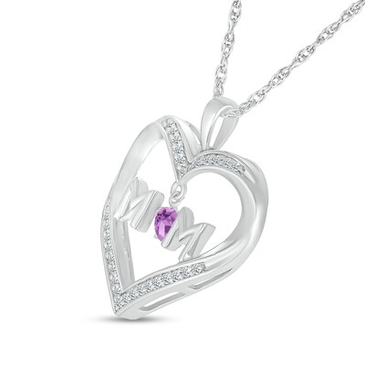 4.0mm Amethyst and White Lab-Created Sapphire "MOM" Heart Pendant in Sterling Silver