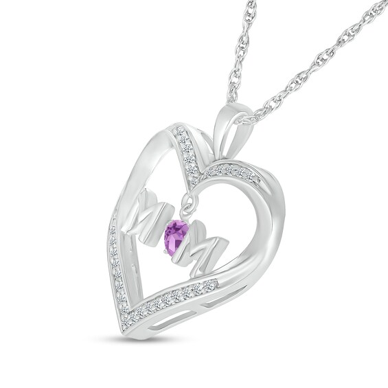 4.0mm Amethyst and White Lab-Created Sapphire "MOM" Heart Pendant in Sterling Silver
