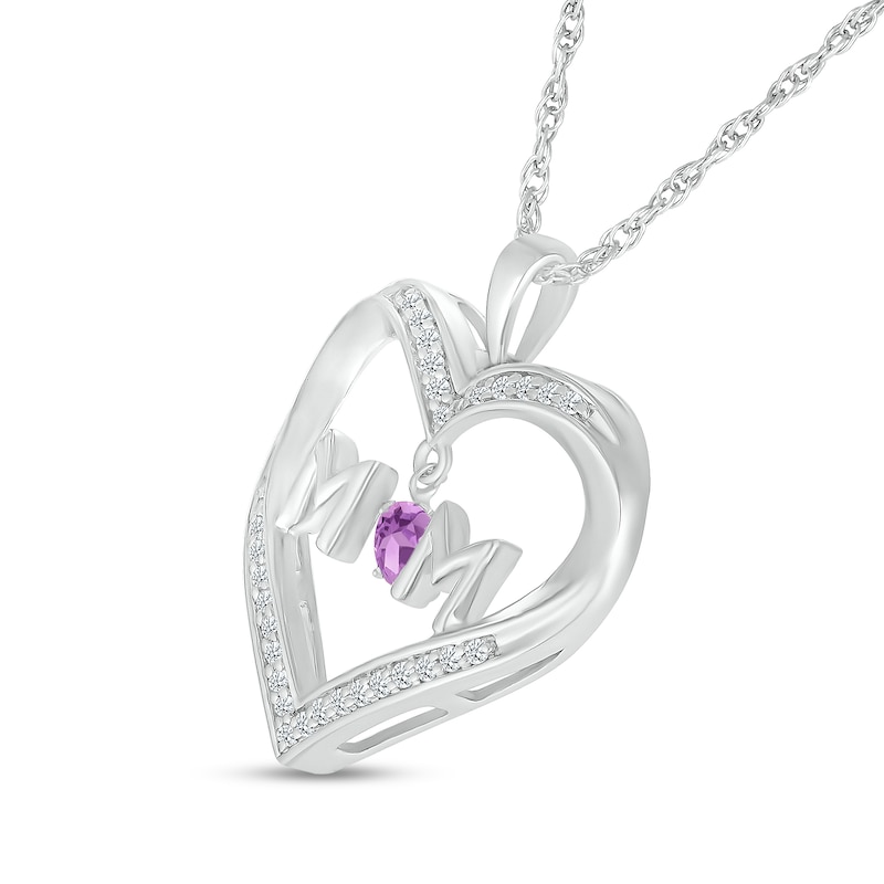4.0mm Amethyst and White Lab-Created Sapphire "MOM" Heart Pendant in Sterling Silver