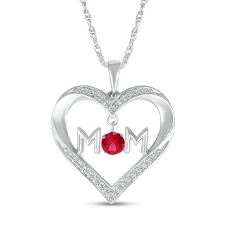 4.0mm Lab-Created Ruby and White Lab-Created Sapphire "MOM" Heart Pendant in Sterling Silver