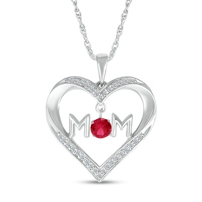 4.0mm Lab-Created Ruby and White Lab-Created Sapphire "MOM" Heart Pendant in Sterling Silver
