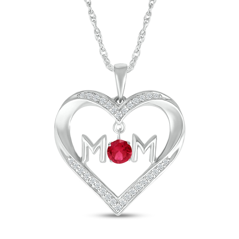 4.0mm Lab-Created Ruby and White Lab-Created Sapphire "MOM" Heart Pendant in Sterling Silver