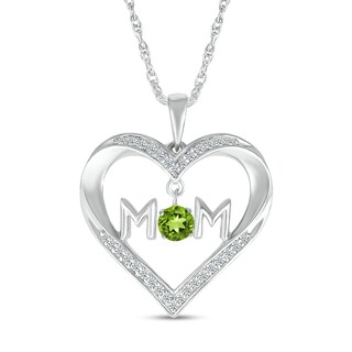 4.0mm Peridot and White Lab-Created Sapphire "MOM" Heart Pendant in Sterling Silver