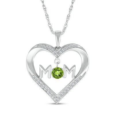 4.0mm Peridot and White Lab-Created Sapphire "MOM" Heart Pendant in Sterling Silver