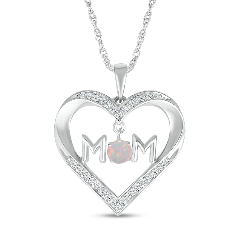 Main Image 1 of 4.0mm Lab-Created Opal and White Lab-Created Sapphire "MOM" Heart Pendant in Sterling Silver