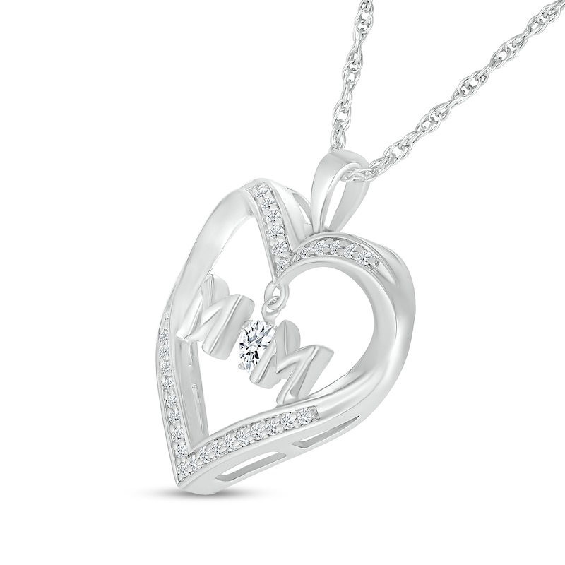Main Image 2 of 4.0mm White Lab-Created Sapphire "MOM" Heart Pendant in Sterling Silver