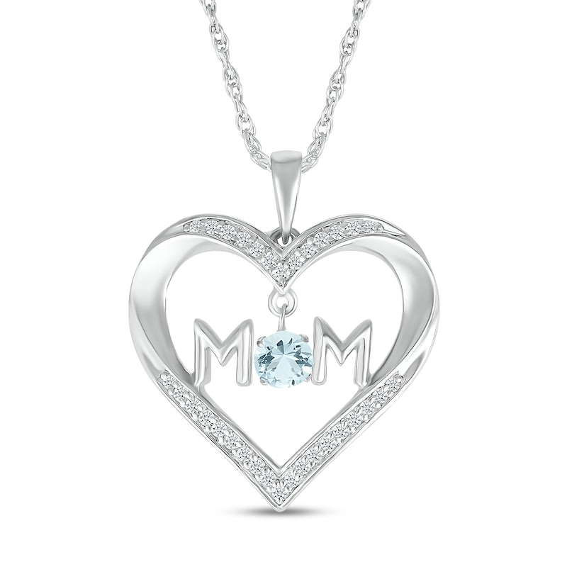 4.0mm Aquamarine and White Lab-Created Sapphire "MOM" Heart Pendant in Sterling Silver