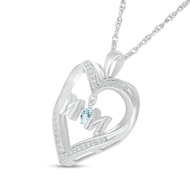 4.0mm Aquamarine and White Lab-Created Sapphire "MOM" Heart Pendant in Sterling Silver