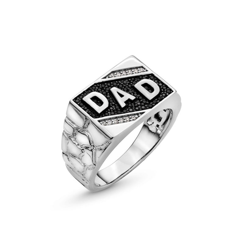 Main Image 3 of 0.25 CT. T.W. Black and White Diamond Slant "DAD" Rectangle-Top Nugget Ring in Sterling Silver