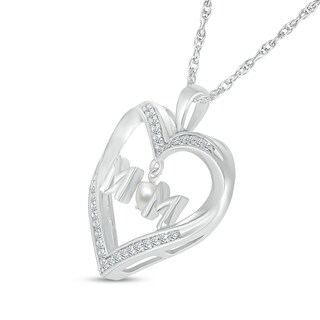 4.0mm Freshwater Cultured Pearl and White Lab-Created Sapphire "MOM" Heart Pendant in Sterling Silver