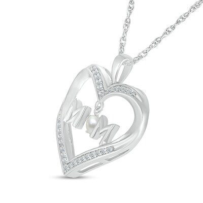 4.0mm Freshwater Cultured Pearl and White Lab-Created Sapphire "MOM" Heart Pendant in Sterling Silver