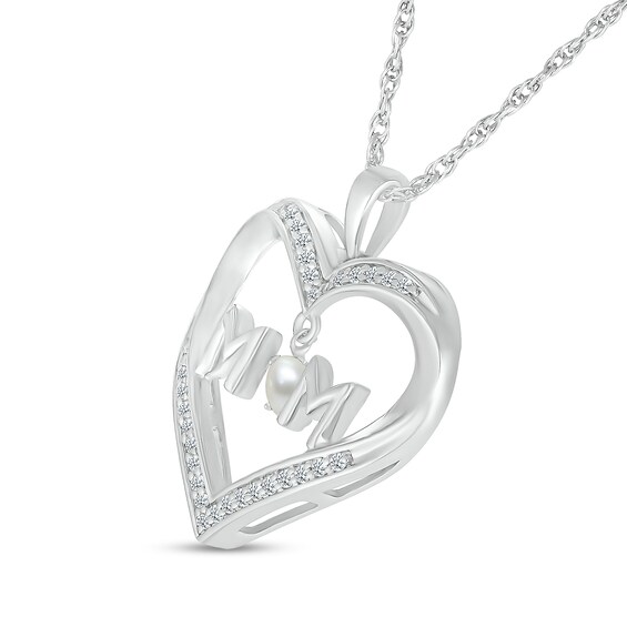 4.0mm Freshwater Cultured Pearl and White Lab-Created Sapphire "MOM" Heart Pendant in Sterling Silver
