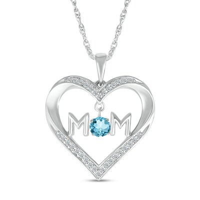 4.0mm Swiss Blue Topaz and White Lab-Created Sapphire "MOM" Heart Pendant in Sterling Silver