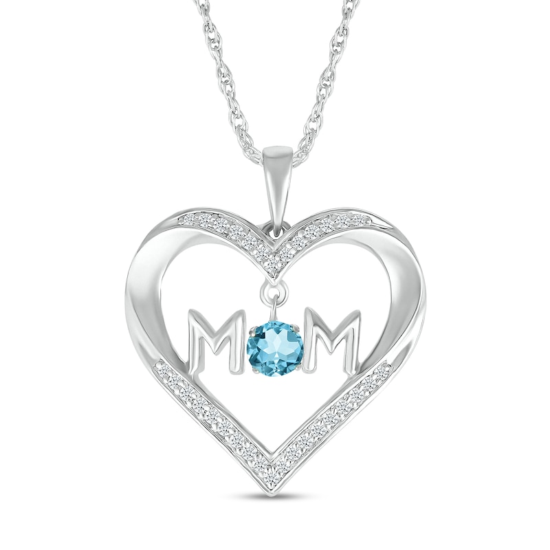 4.0mm Swiss Blue Topaz and White Lab-Created Sapphire "MOM" Heart Pendant in Sterling Silver
