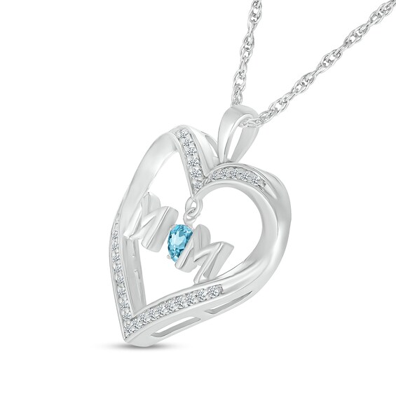 4.0mm Swiss Blue Topaz and White Lab-Created Sapphire "MOM" Heart Pendant in Sterling Silver