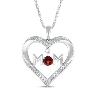 4.0mm Garnet and White Lab-Created Sapphire "MOM" Heart Pendant in Sterling Silver