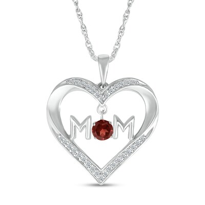 4.0mm Garnet and White Lab-Created Sapphire "MOM" Heart Pendant in Sterling Silver