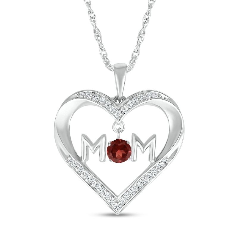 4.0mm Garnet and White Lab-Created Sapphire "MOM" Heart Pendant in Sterling Silver