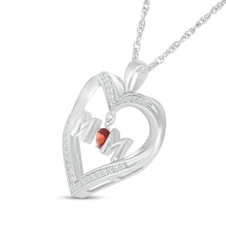 4.0mm Garnet and White Lab-Created Sapphire "MOM" Heart Pendant in Sterling Silver