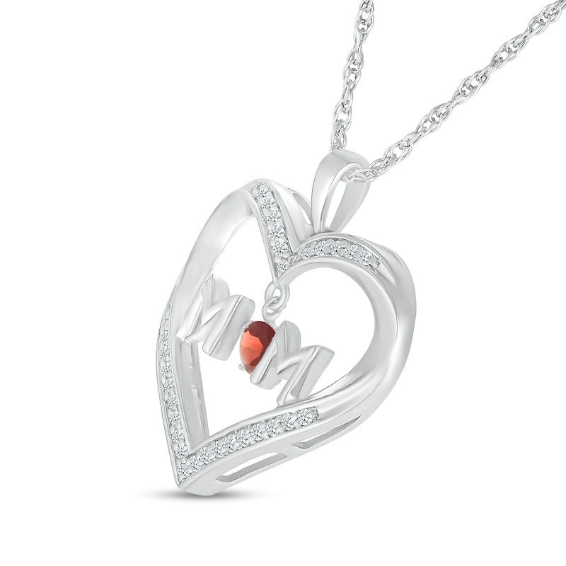 4.0mm Garnet and White Lab-Created Sapphire "MOM" Heart Pendant in Sterling Silver