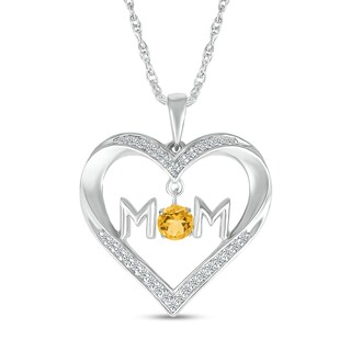 4.0mm Citrine and White Lab-Created Sapphire "MOM" Heart Pendant in Sterling Silver