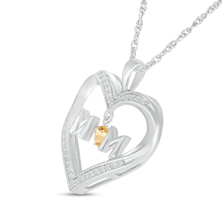 4.0mm Citrine and White Lab-Created Sapphire "MOM" Heart Pendant in Sterling Silver