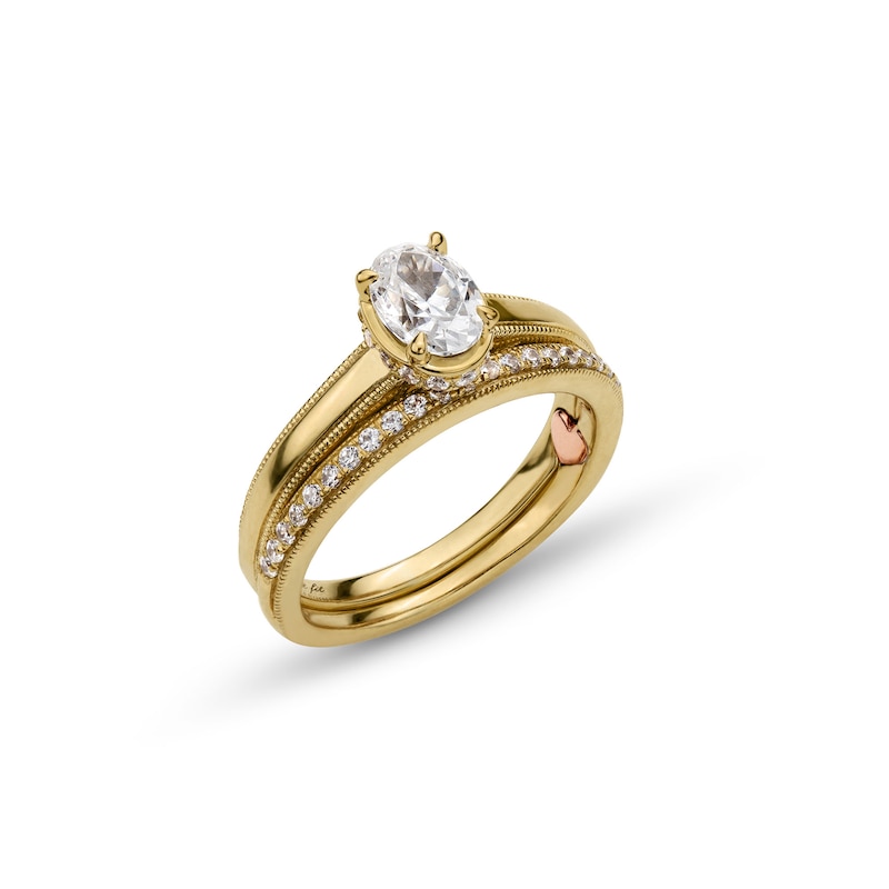 Main Image 3 of Perfect Fit 1.00 CT. T.W. Oval Certified Lab-Grown Diamond Vintage-Style Bridal Set in 14K Gold (F/SI2)