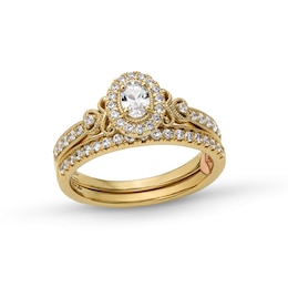 Perfect Fit 0.60 CT. T.W. Oval Certified Lab-Grown Diamond Heart-Sides Vintage-Style Bridal Set in 14K Gold (F/SI2)